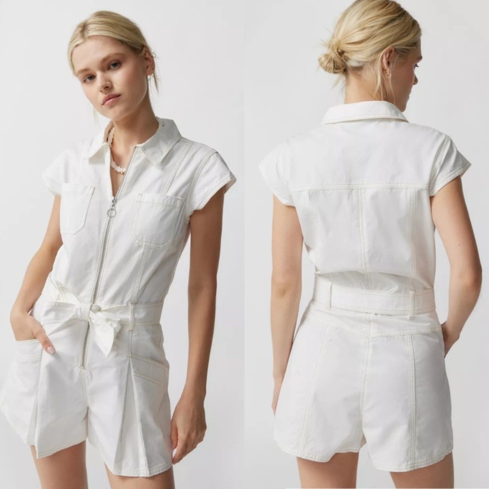 MINKPINK Farrah Utility Romper White Cotton Denim Zip‎ Up Belted Size M NWT